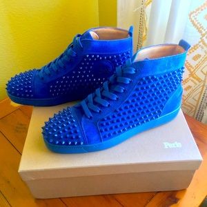 Christian Louboutin | Louis Flat Calf Lou Spikes Blue High Top Sneakers
